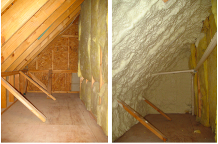 Spray foam insulation applied to attic walls; before and after.