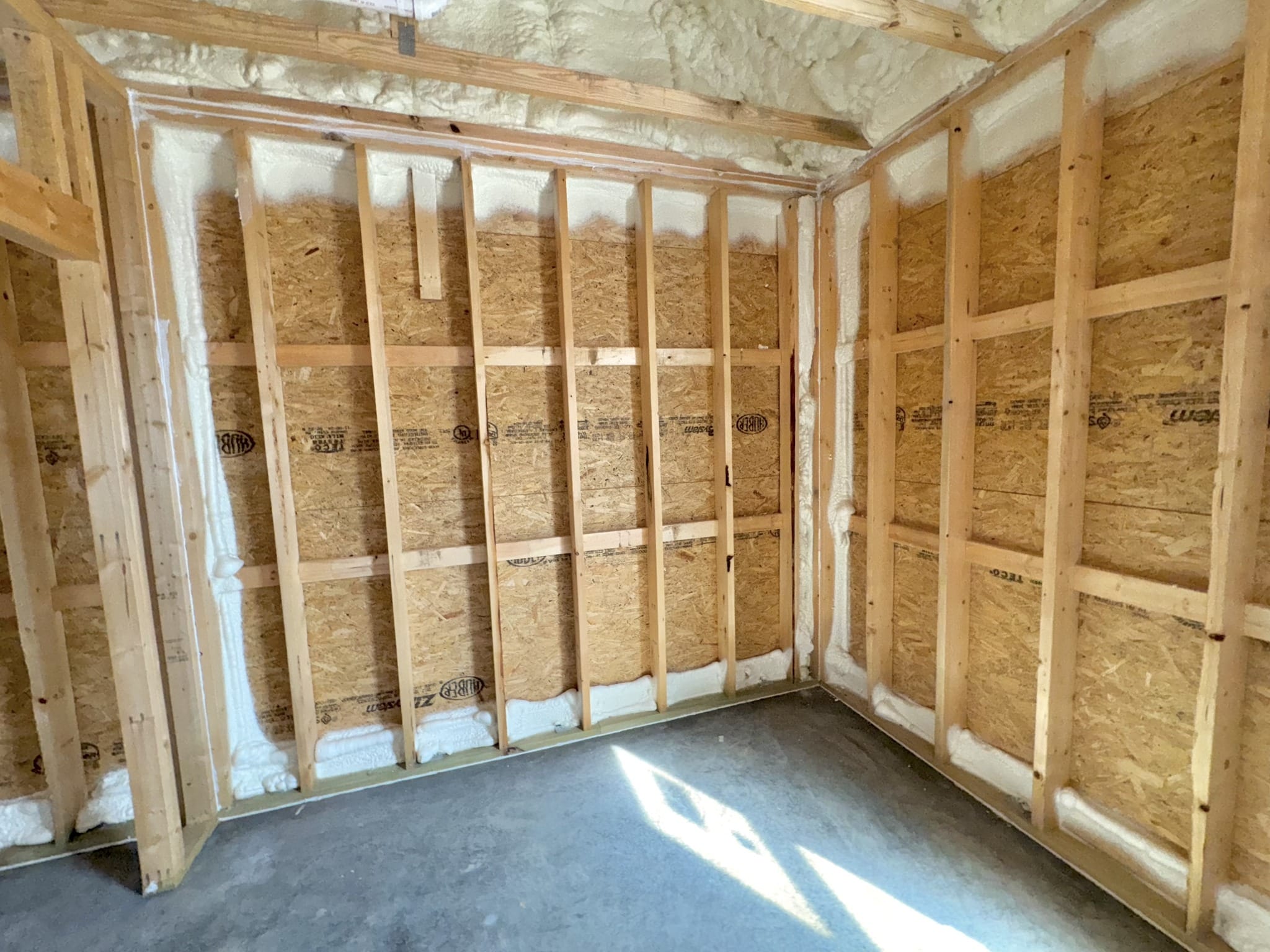 New construction wall with spray foam insulation